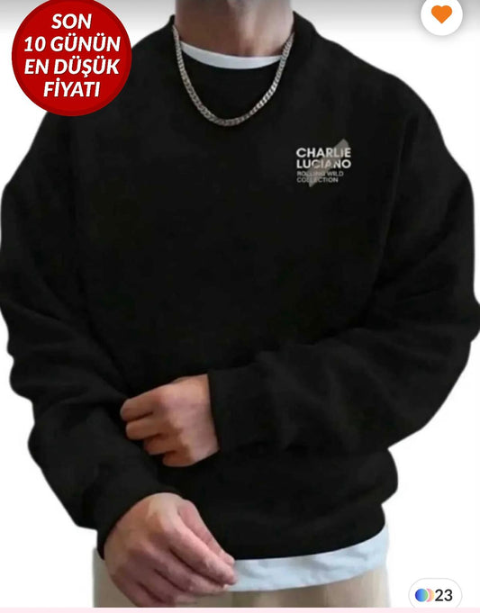 Erkek Siyah Oversize Kışlık Sweatshirt