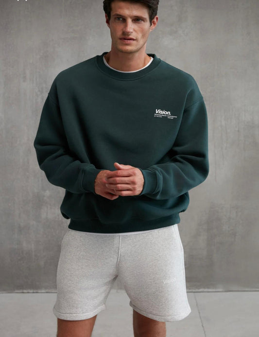 Erkek  Bisiklet Yaka Içi Polarlı Koyu Yeşil Sweatshirt